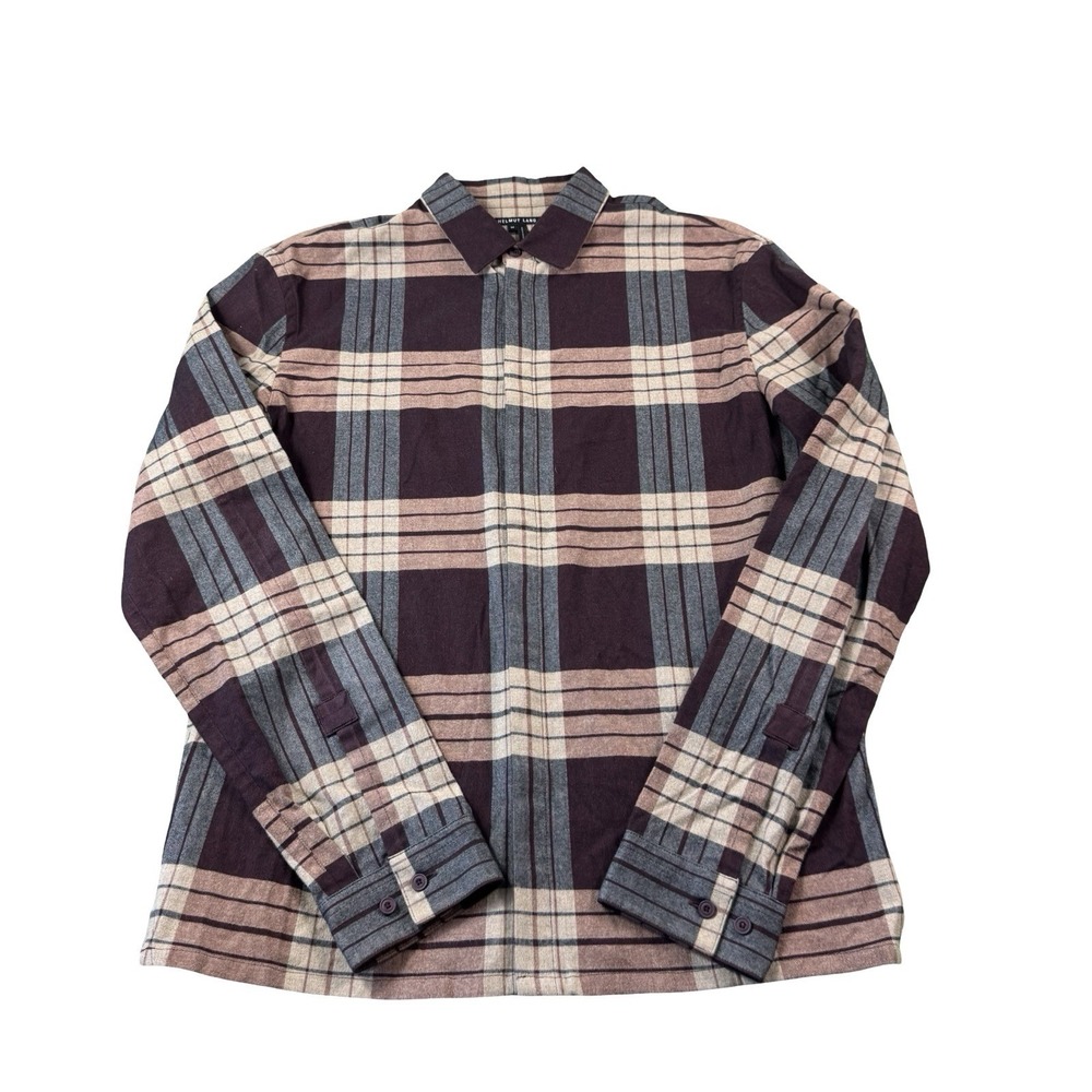 Helmut Lang Maroon Gray Checked Hidden Button Mens Flannel Button Front Size M